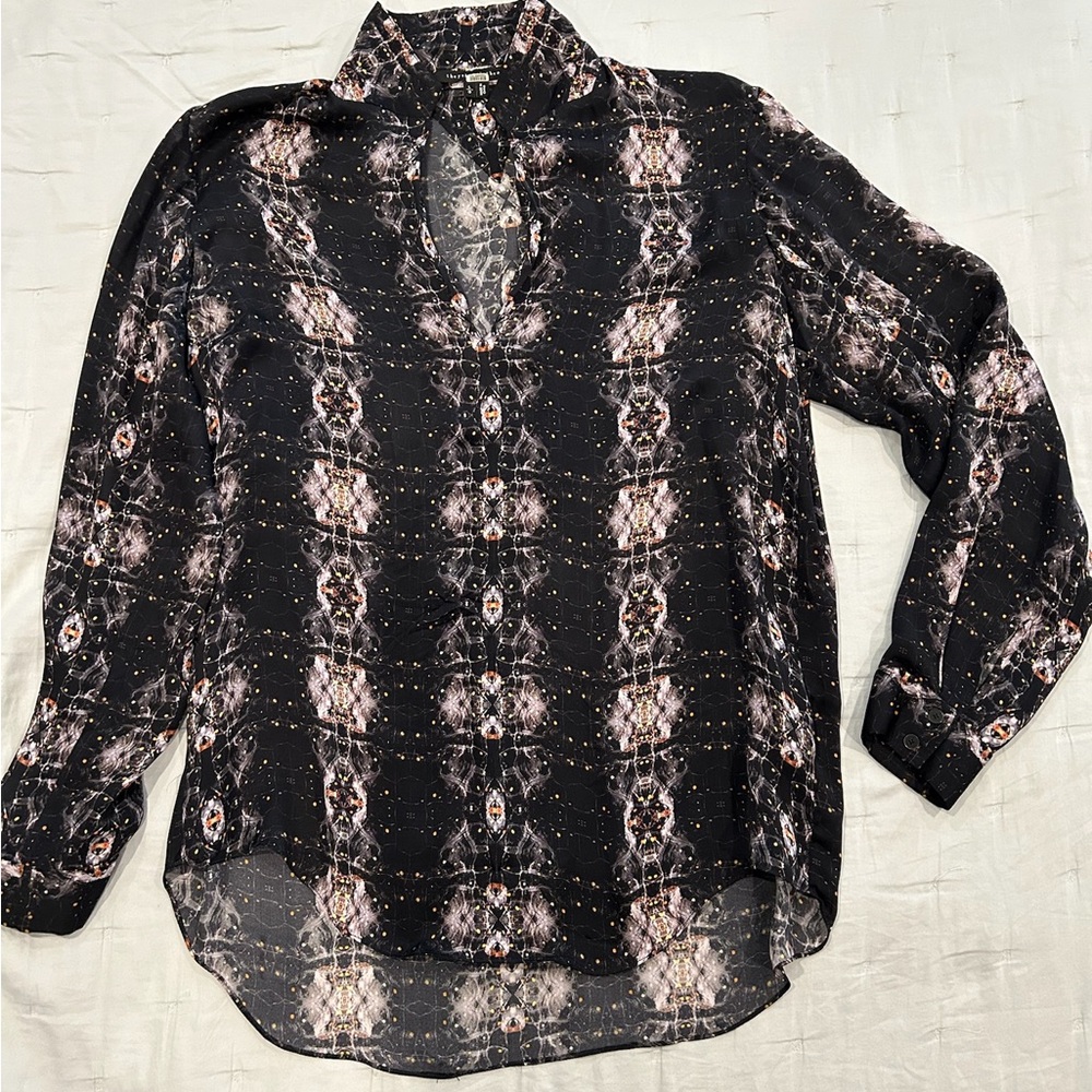 Theory Black and Pink Long Sleeve Silk Collar Blouse